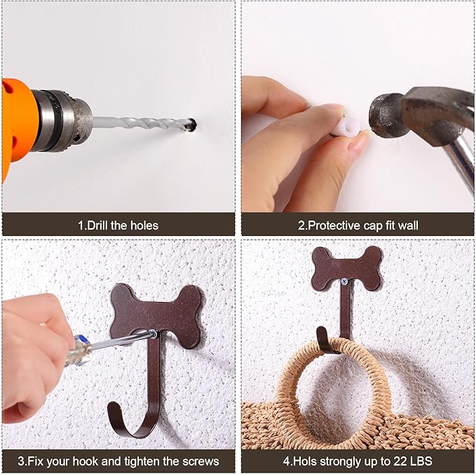 Hotop 8 Pieces Dog Bone Shaped Wall Hook Stainless Steel Leash Mounted Hanger Hooks with Nail for Coat, Key, Entryway, Hallway, Kitchen, Office Decoration(Bronze)