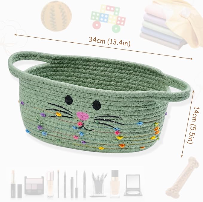 Small Woven Baskets for Organizing Rope with Handle Cute Cotton Basket for Nursery Gift Dog Cat Toy Storage Basket for Toy Organizer-Green