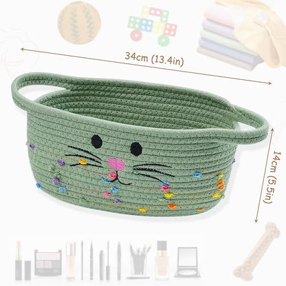 Small Woven Baskets for Organizing Rope with Handle Cute Cotton Basket for Nursery Gift Dog Cat Toy Storage Basket for Toy Organizer-Green