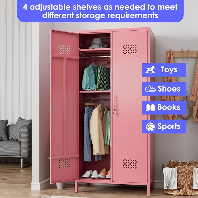 Aobab Metal Wardrobe Closet with 2 Doors, 19" Deep Metal Wardrobe Cabinet with 4 Adjustable Shelves and 2 Hannging Rods, Storage Locker for Home, Pink, Assembly Required
