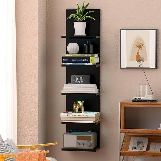 5-Tier Wall Shelf Unit with RGB Light, Floating Lack Shelf for Storage, Wall Mounted Vertical Display Shelf for Bedroom Living Room Vanity, Black