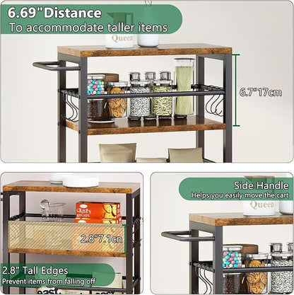 IBUYKE 7.8" Slim Rolling Cart,4-Tier Metal Kitchen Storage Cart,Trolley cart on Wheels for Narrow Space,with Handle and Wooden Tabletop,for Kitchen, Dining Room,Laundry Room,Rustic Brown UTMJ065H