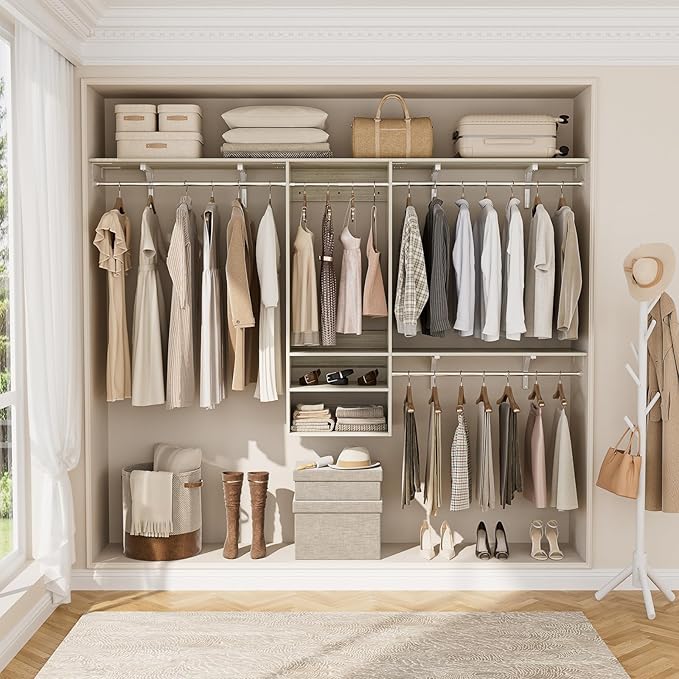 Cyclysio 96 Inch Closet System, 8 FT Hanging Closet Organizer System, Walk in Closet System with 4 Adjustable Rods and 3 Shelving Towers for 4-8FT Spaces(Cut-to-Fit), Oak