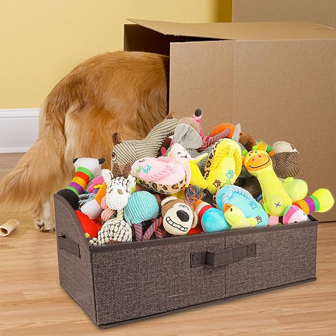 Foldable Pet Toy Storage Box with 3 Handles, Portable Organizer Basket for Dog Toys, Blankets & Accessories, Dark Brown