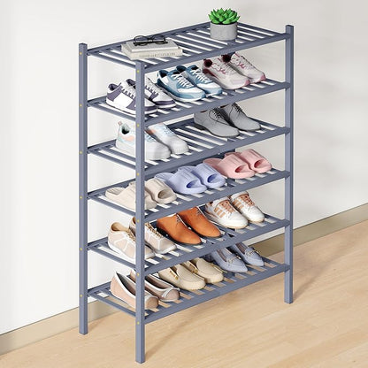 Smiry Bamboo Shoe Rack for Closet, 6 Tier Wooden Stackable Shoe Organizer, Free Standing Shoes Storage Shelf for Entryway, Front Door Entrance, Grey