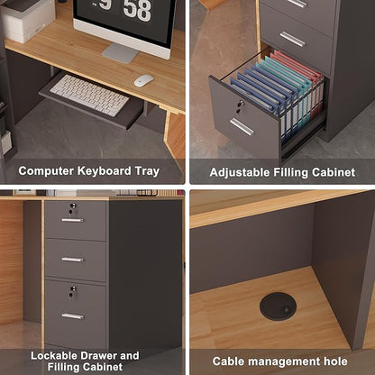 L-Shaped Reception Desk with Lockable Drawers, Adjustable File Cabinet & Keyboard Tray, Modern Front Counter for Office, Salon, or Lobby (Left-L Natural Wood/Slate Gray, 70.9''L x 23.6''W x 41.3''H)