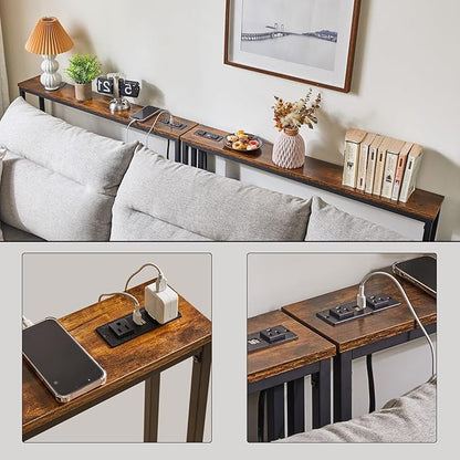 IBUYKE 2 Pack Console Table Narrow Long Sofa Table with Power Outlets USB Ports,Industrial Wooden Entry Table with Charge Station with Extension Cord,for Entryway Living Room Hallway Brown,TMJ061H-2