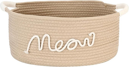Sea Team Cat Toy Storage Basket with Handles, 16.5 x 11 x 7 Inches, 4.4 Gallons Large Cotton Rope Storage Bin, Shelf Basket, Organizer for Pet Chew Toys, Foods, Beige Meow