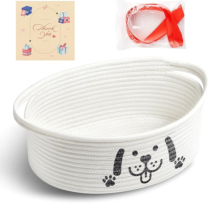 Small Woven Dog Gifts Basket for Storage Empty Dog Toy Bins Organizer with Ribbons and Bags Durable Cute Pet Gifts 12"X 8" X 5" Small Rope Basket for Gifting