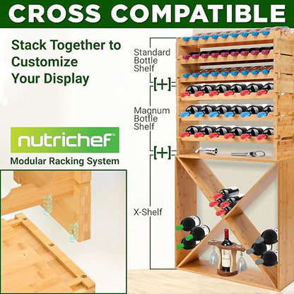 NutriChef 36 Bottle Wine Rack Stackable Bamboo Freestanding, 4-Tier Modular Shelf, Sturdy Wobble Free, Upgraded 2026 Design, Easy No-Tool Assembly for Kitchen, Cellar or Bar Storage 33.5" x 10" x 21"