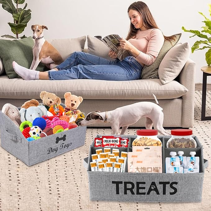 2pack Dog Storage Organizer,Trapezoid Dog Toy Basket,Dog Treat Container with handle,Collapsible Fabric Storage Box for Dog Toys and Dog Treats,Dog Treat Station with removable dividers-Grey