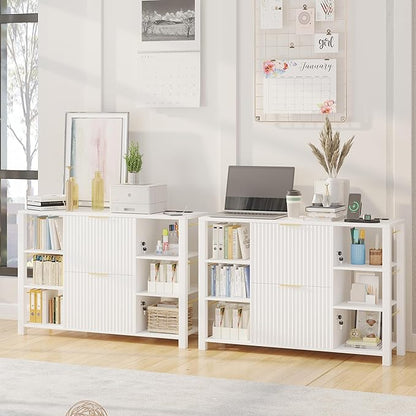 File Cabinet for Home Office, Fluted Filing Cabinet with 2 Drawers Fit Letter/Legal/A4 Folders with Tabs, Printer Stand with Lock & 2 Power Outlets, 6 Shelves (1, White)
