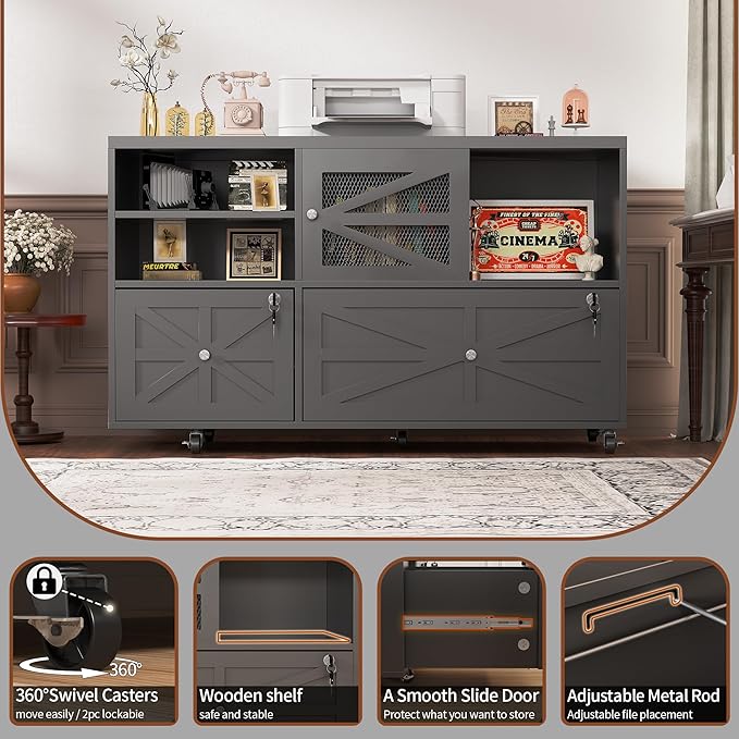 Semoic 2 Drawer Mobile File Cabinet with Lock, Farmhouse Lateral Filing Cabinet for Home Office, Fits Letter Legal A4 Size, Open Storage Adjustable Shelf, Black