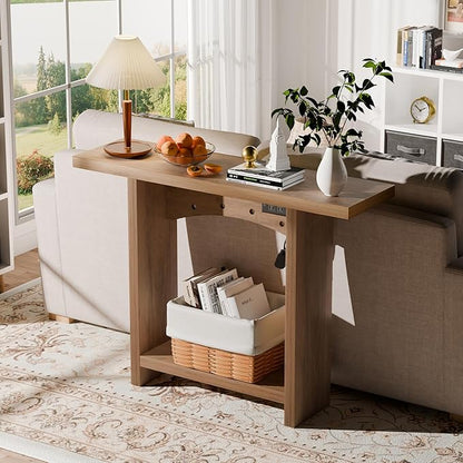 43" Console Table with Charging Station, Farmhouse Entryway Table, Entryway Table with Storage for Living Room or Foyer, Sofa Table for Hallway with Anti-Tip, Easy Assembly, Brown
