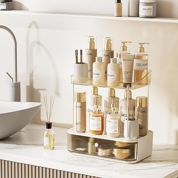 Delamu 2PCS Bathroom Counter Organizer with Drawer, Multi-Purpose 3-Tier Makeup Organizer Countertop for Vanity, Large Cosmetic Display Case Perfume Tray Skincare Organizers, Amber