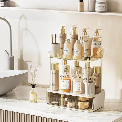 Delamu 3-Tier Bathroom Counter Organizer with Drawer, Multi-Purpose Makeup Organizer Countertop for Vanity, Large Cosmetic Display Case Perfume Tray Skincare Organizers, Amber