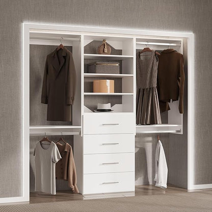 Modular Closet, 72" Wide Organizer with Hanging & Drawers, Wood Tower Storage for Walk-In Closets, Wall Mounted Wardrobe Organizer Kit, Bedroom, White