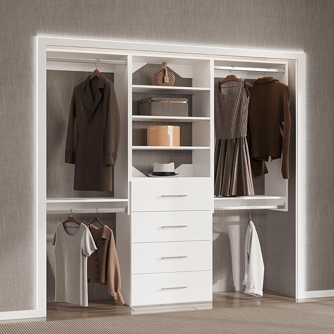 Modular Closet System, 102" Wide Closet Organizer System with Hanging and Drawers, Wood Tower Closet Storage for Walk In Closets, Wall Mounted Wardrobe Organizer Kit System, Bedroom, White