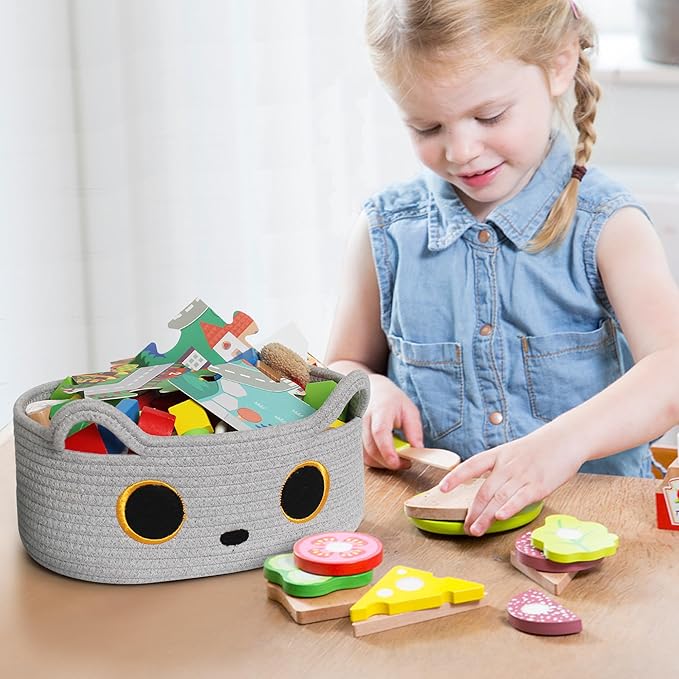 Gray Cat Toy Basket, Small Woven Cat Toy Storage Box with Cute Ears Handle Indoor, Cotton Rope Storage Bin with Embroidered Face for Home Decor, Pet Bed, Nursery Kids Room Organization