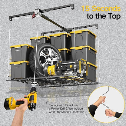 Garage Ceiling Storage Rack, 4x4 Ft Adjustable Overhead Garage Storage Rack Lift, Heavy-Duty Ceiling Mounted Storage Lift System for Garage Organization, 250lbs Weight Capacity