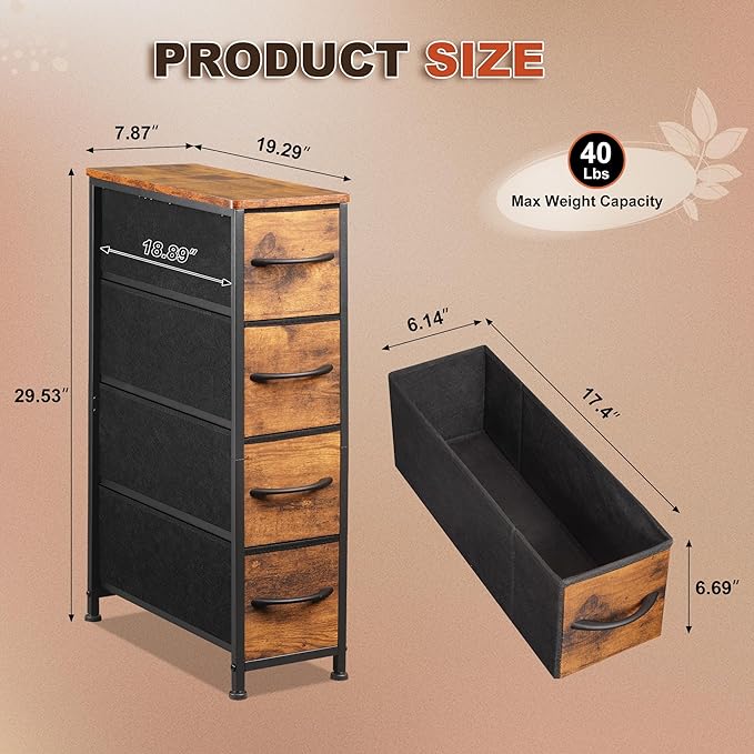 Narrow Dresser Storage Tower with 4 Drawers, Slim Dresser Chest of Drawers with Steel Frame, Wood Top, Dresser for Bedroom, Bathroom, Small Spaces, Laundry, Closet (Rustic Brown)