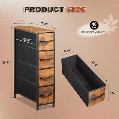 Narrow Dresser Storage Tower with 4 Drawers, Slim Dresser Chest of Drawers with Steel Frame, Wood Top, Dresser for Bedroom, Bathroom, Small Spaces, Laundry, Closet (Rustic Brown)