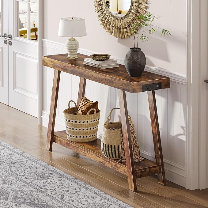 Huuger Console Table with Charging Station, USB-C Port, 2 Tiers Entryway Table, 47.2 Inch Sofa Table with Metal Legs, Entry Hallway Table with Thicker Desktop, Behind Couch Table, Rustic Brown