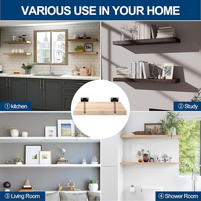 12 Pcs 6" Black Solid Steel Floating Shelf Bracket Blind Shelf Supports - Hidden Brackets for Floating Wood Shelves - Concealed Blind Shelf Support – Screws and Wall Plugs Included