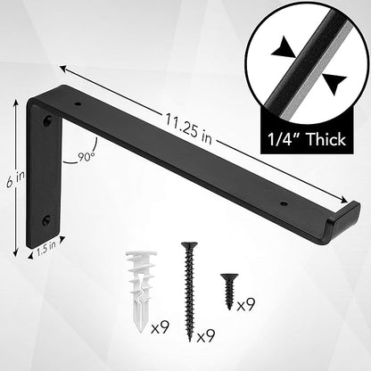 Heavy-Duty Shelf Brackets - Premium Construction Grade 1/4" (6mm) Thick Steel - Matte Black Iron Finish for Modern Farmhouse Rustic Open Shelving w/ Hardware, 4-Pack (L Bracket w/Lip, 11.25"x6")