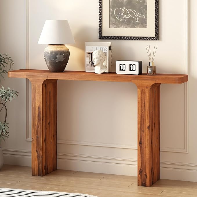 Elegant Acacia Veneer Entryway Table, Narrow Sofa Table Behind The Couch, Minimalist Rectangular Entryway Table, Modern Foyer Tables for Entryway, Hallway, Living Room, Foyer, Corridor (Natural-40RT)