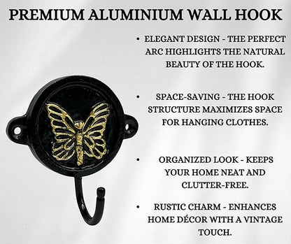 Aluminium Butterfly Print (1-Pack) Single Wall Hooks, Black Butterfly Themed Hooks for Hanging Leash-Wall Mount Hanger, Organization Decorative Wall Hook (Butterfly)