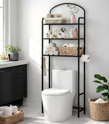 3-Tier Over The Toilet Storage, Bathroom Organizer, Space-Saving, Above Toilet Storage Rack with 4 Hooks and Paper Holder, Metal Shelf, Black