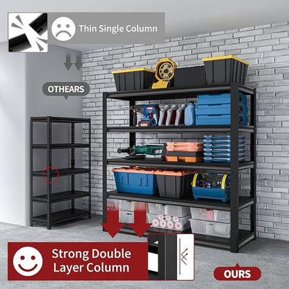 Shelving Units and Storage, 3000LBS Garage Storage Shelves, 5 Tier Shelving Unit, Steel Industrial Shelving, Adjustable Standing Shelf for Garage, Home, Warehouse 71" H x 36" W x 16" D, Black