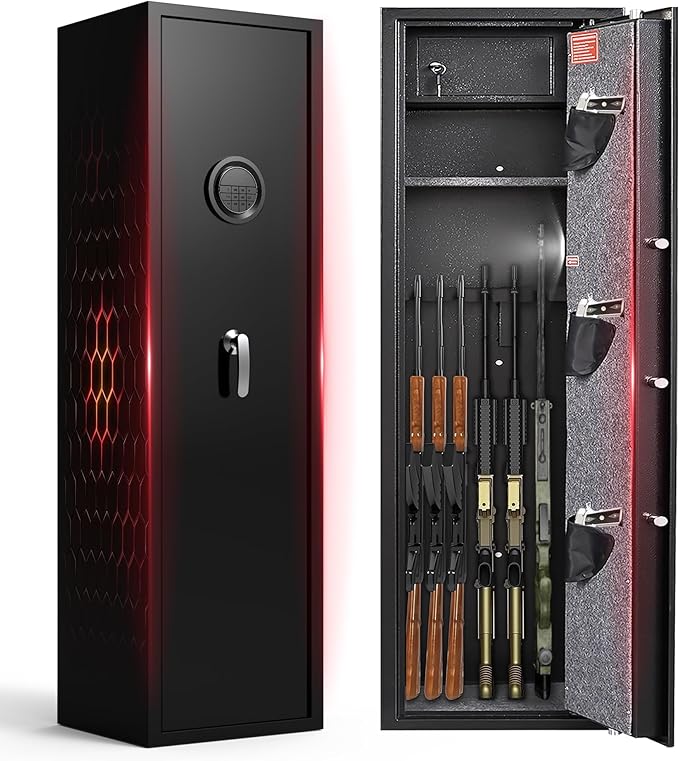 8-12 Gun Cabinet, Gun Safe for Rifles and Pistols, Electronic Rifle Safes for Home, Long Gun Cabinet for Shotgun, Large Gun Locker with Adjustable Shelf, Dual Alarm & Mute System, Quick Access