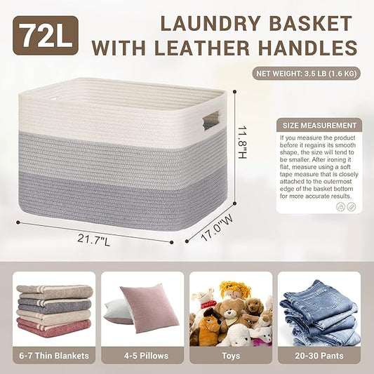 72L Large Laundry Basket with Leather Handles for Living Room Storage, Woven Rope Baskets Bin for Blanket, Kids Toy, Gifts, Wicker Hamper for Bedroom Dirty Clothes, 22"x17"x12" Gradient Grey