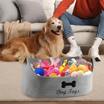 Woven Dog Toy Baskets ,Rope Basket for Dog Toys,Collapsible Dog Toy Bin with Leather Handles,Trapezoidal Puppy Toy Storage Basket,Chewproof Dog Organizer for Toys,Collar,Leash,blankets-Gray