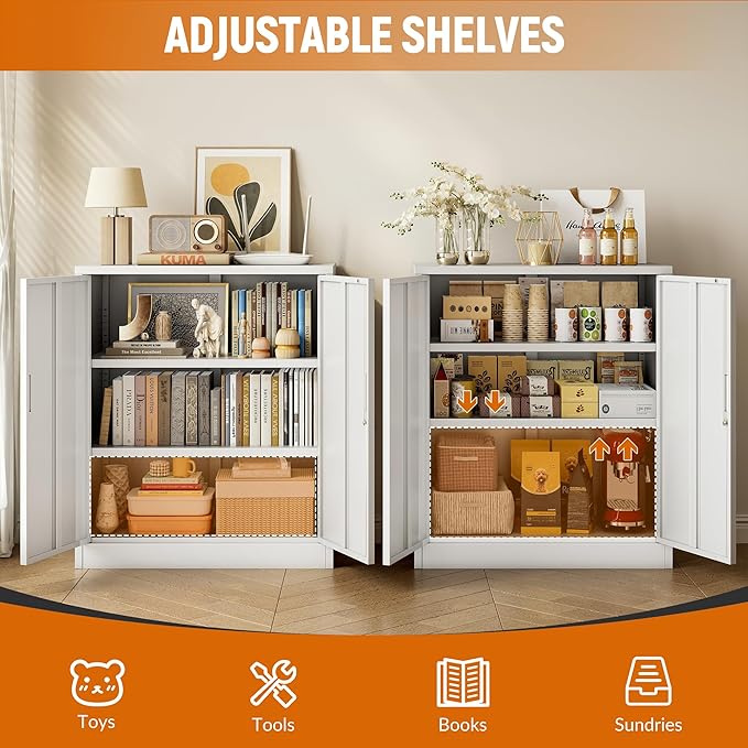 BESFUR Metal Storage Cabinet, Garage Storage Cabinet with 2 Adjustable Shelves, Locking Short Storage Cabinet for Office Garage Home, White Metal Cabinets (36" H x 31.5" W x 16" D)