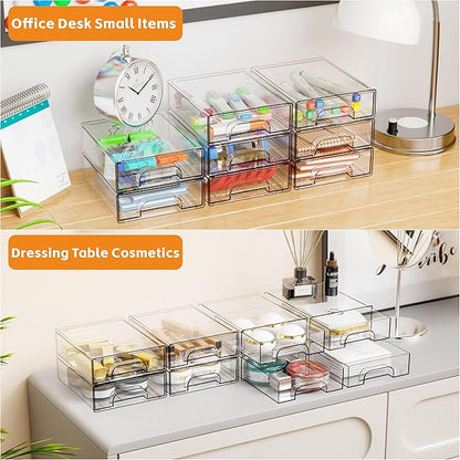 Yieach 2.2'' High Small Clear Stackable Storage Drawers,4 Pack Desk Organization and Storage Bins,Plastic Office Supply Organizer,Acrylic Drawer Storage Organizer for Makeup,Accessory,Pen,Art Crafts