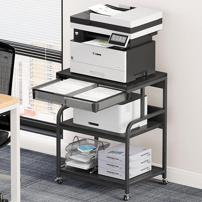 EasyCom 23.6''x18.9'' Extra Large Printer Stand with Drawer, 5-Adjustable Heights 3 Tier Table with Wheels, Rolling Printer Cart with Storage for Printer Scanner Fax Home Office Use