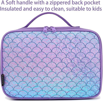FlowFly Kids Lunch box Insulated Soft Bag Mini Cooler Back to School Thermal Meal Tote Kit for Girls, Boys,Glitter-Purple