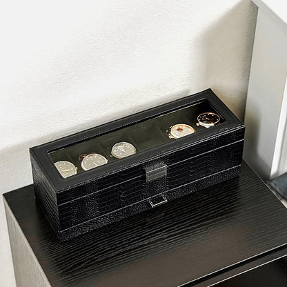 ProCase Watch Box, 6 Slot Watches Display Case with Drawer, Mens Watch Case with Glass Lid, 2-Layer Mens Jewelry Organizer Storage Holder, Birthday Valentine Gifts for Men -6 Slot, LizardBlack