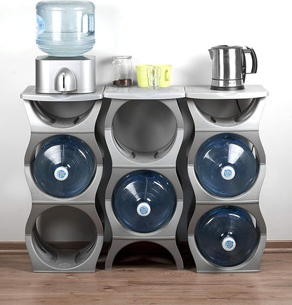 Bariboo Stackable Water Bottle Storage Rack Best Water Jugs 5 Gallon Organizer. Jug Holder for Kitchen, Cabinet and Office Organizing. Reinforced Polypropylene (Black, 3 Plus Shelf)