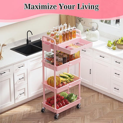 4 Tier Rolling Utility Cart with Drawer, Storage Organizer Cart with 2 Lockable Wheels, Multifunctional Rolling Storage Cart for Bathroom, Kitchen, Craft, Makeup, Baby Essentials, Pink