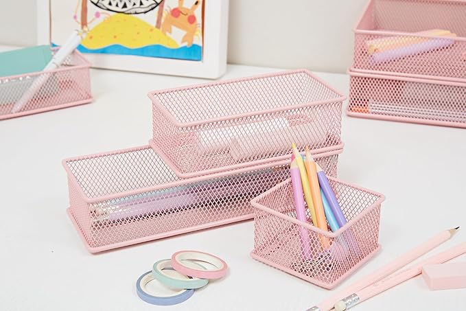 Annova Mesh Stackable Drawer Cabinet and Shelf Organizer Bins Storage Basket School Office Supply Holder Tray- Set of 2 (Light Pink, 6x6x2 Inch)
