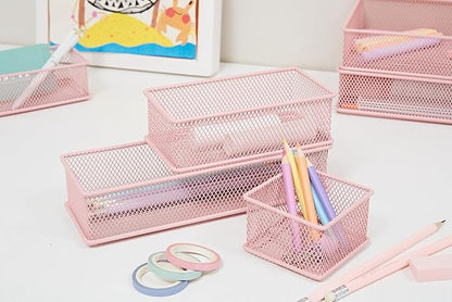 Annova Mesh Stackable Drawer Cabinet and Shelf Organizer Bins Storage Basket School Office Supply Holder Tray- Set of 2 (Light Pink, 6x6x2 Inch)