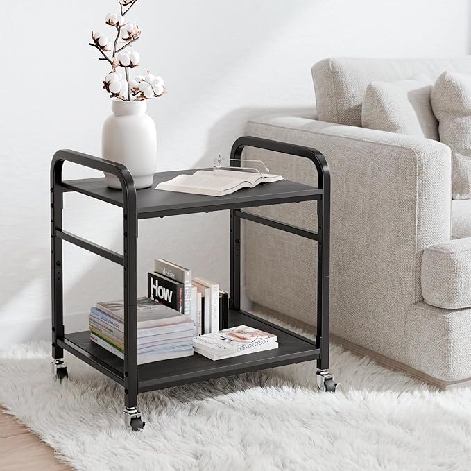 niffgaff 2 Tier Under Desk Printer Stand with Storage, 22" Rolling Printer Cart with Lockable Wheels, Height Adjustable Shelf for Home Office, Black