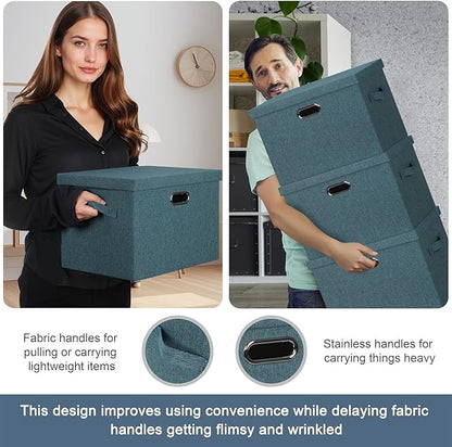 Large 17" 36 Quart Collapsible Stackable Storage Bins with Lids, 3 Packs Blue-Green Linen Fabric Closet Boxes with Lids, Storage Cube Baskets Container Organizers for Bedroom (17x12x11)