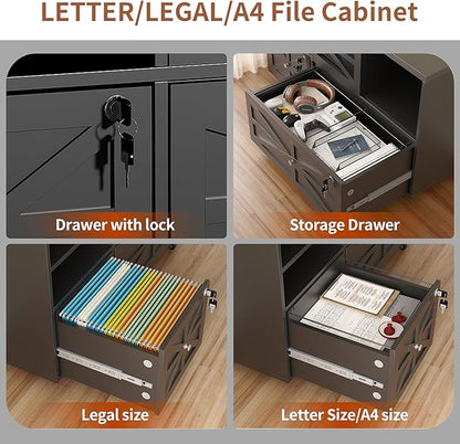 Semoic 2 Drawer Mobile File Cabinet with Lock, Farmhouse Lateral Filing Cabinet for Home Office, Fits Letter Legal A4 Size, Open Storage Adjustable Shelf, Black