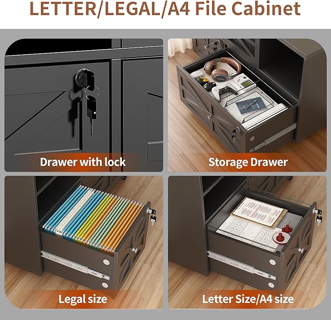 Semoic 2 Drawer Farmhouse File Cabinet with Lock, Mobile Lateral Filing Cabinet for Letter/Legal/A4 Size, Open Storage Adjustable Shelf for Home Office Cabinets, Black