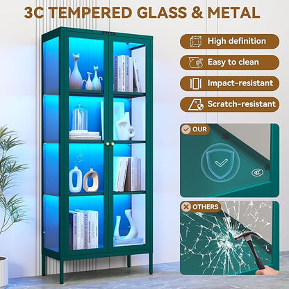 Glass Display Cabinet with Glass Doors, Metal Curio Cabinet with 8-Color LED Lights, 66 Inch Tall Display Case for Collectibles, Green Storage Cabinet for Living Room, Assembly Required